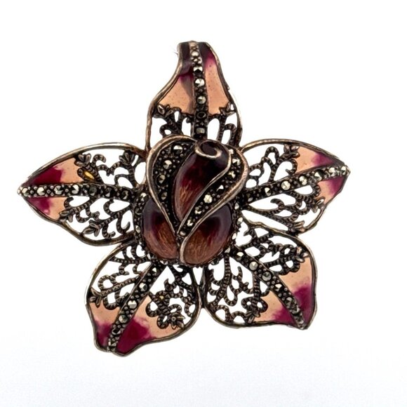 Estate Sterling Silver 925 Orchid Flower Pendant Marcasite Inlay Purple Enamel - Picture 1 of 8